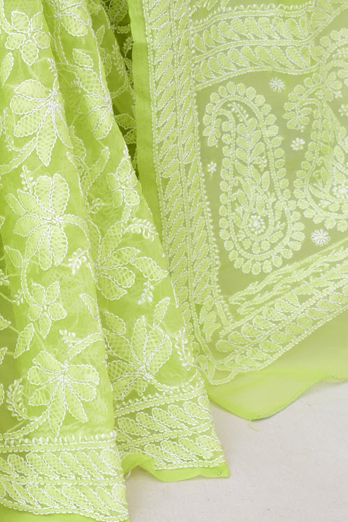 Lemon Green Allover Hand-Embroidered Lucknowi Chikankari Georgette Saree with Blouse
