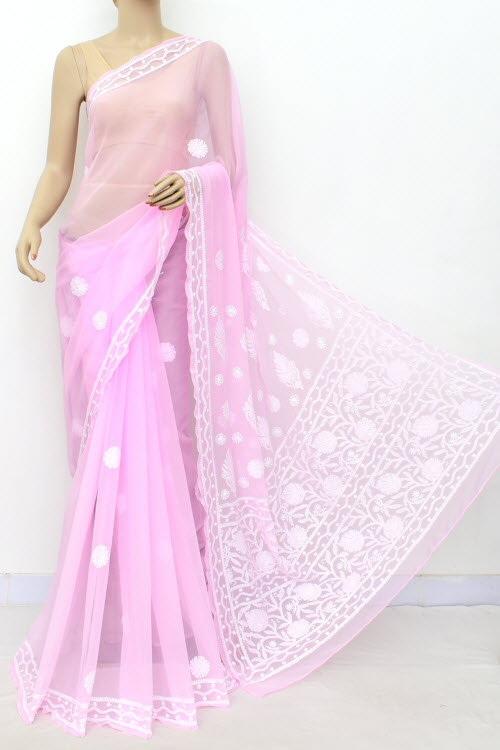 Pink Hand-Embroidered Lucknowi Chikankari Georgette Saree with Blouse 15002