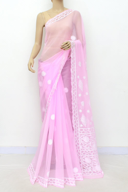 Pink Hand-Embroidered Lucknowi Chikankari Georgette Saree with Blouse 15002