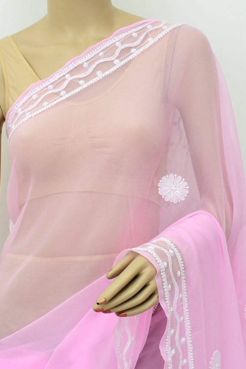 Pink Hand-Embroidered Lucknowi Chikankari Georgette Saree with Blouse 15002
