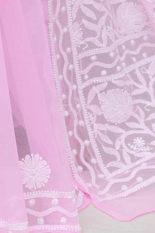 Pink Hand-Embroidered Lucknowi Chikankari Georgette Saree with Blouse 15002