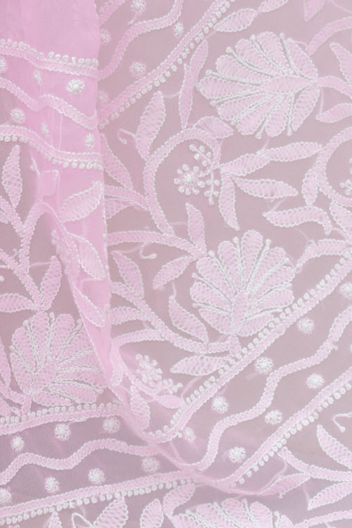 Pink Hand-Embroidered Lucknowi Chikankari Georgette Saree with Blouse 15002