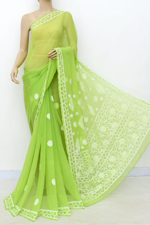 Pista Green Hand-Embroidered Lucknowi Chikankari Georgette Saree with Blouse 15006