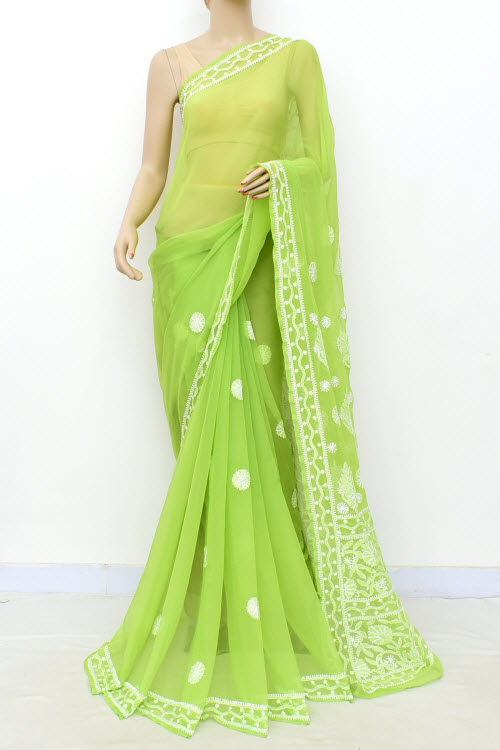 Pista Green Hand-Embroidered Lucknowi Chikankari Georgette Saree with Blouse 15006