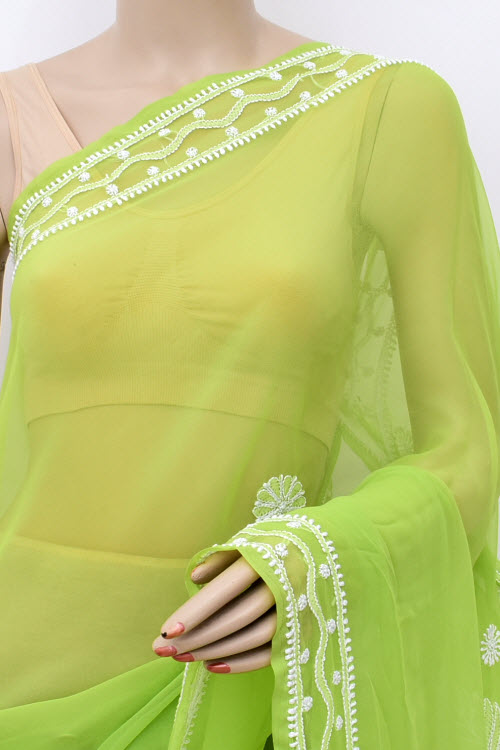Pista Green Hand-Embroidered Lucknowi Chikankari Georgette Saree with Blouse 15006