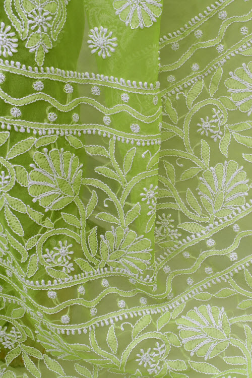 Pista Green Hand-Embroidered Lucknowi Chikankari Georgette Saree with Blouse 15006