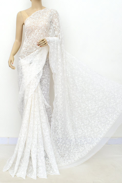 White Hand-Embroidered Allover Tepchi work Lucknowi Chikankari Georgette Saree with Blouse