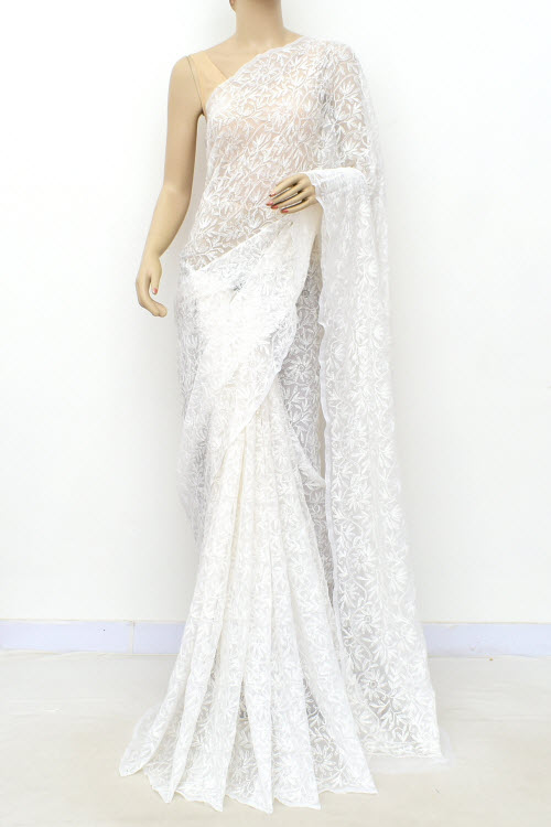 White Hand-Embroidered Allover Tepchi work Lucknowi Chikankari Georgette Saree with Blouse