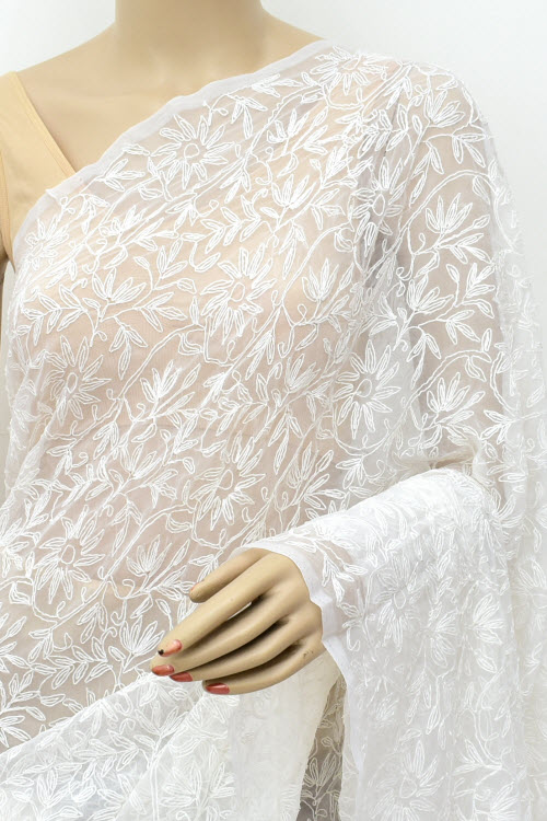 White Hand-Embroidered Allover Tepchi work Lucknowi Chikankari Georgette Saree with Blouse