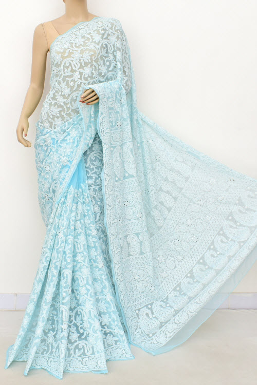 Light Sky Blue Allover Hand-Embroidered Lucknowi Chikankari Georgette Saree with Blouse embellished with Mukaish work