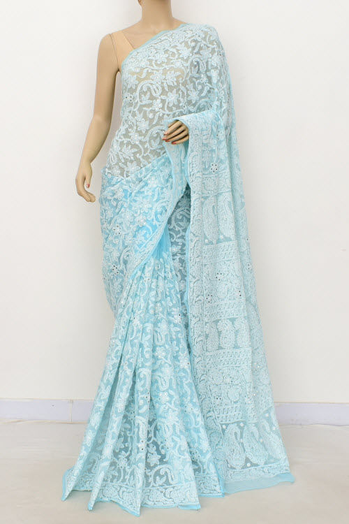 Light Sky Blue Allover Hand-Embroidered Lucknowi Chikankari Georgette Saree with Blouse embellished with Mukaish work