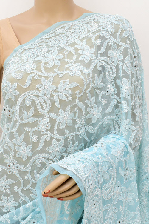 Light Sky Blue Allover Hand-Embroidered Lucknowi Chikankari Georgette Saree with Blouse embellished with Mukaish work