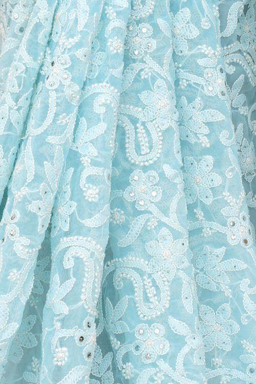 Light Sky Blue Allover Hand-Embroidered Lucknowi Chikankari Georgette Saree with Blouse embellished with Mukaish work