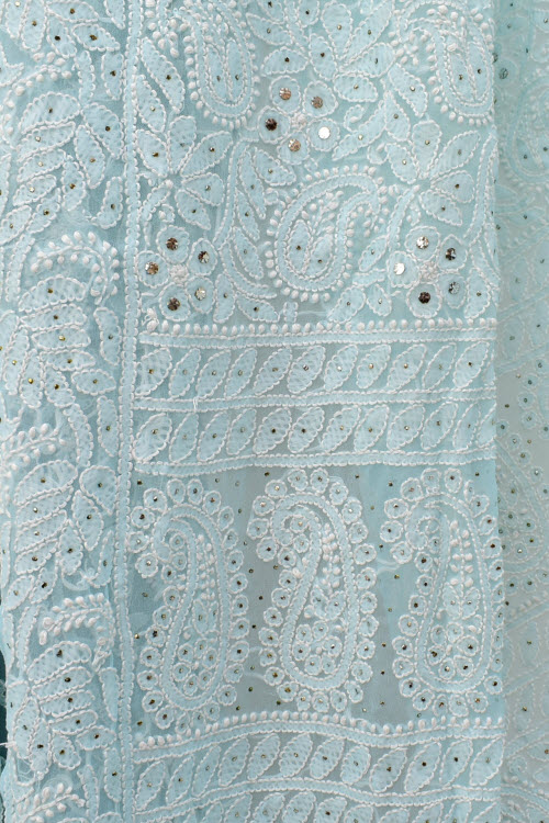 Light Sky Blue Allover Hand-Embroidered Lucknowi Chikankari Georgette Saree with Blouse embellished with Mukaish work