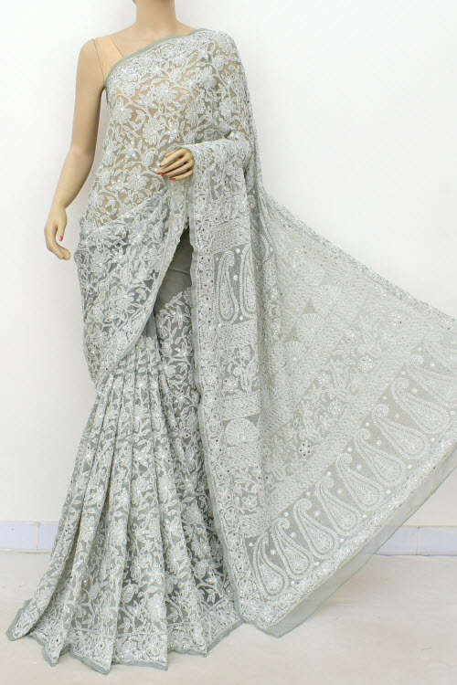 Grey Allover Hand-Embroidered Lucknowi Chikankari Georgette Saree with Blouse embellished with Mukaish work
