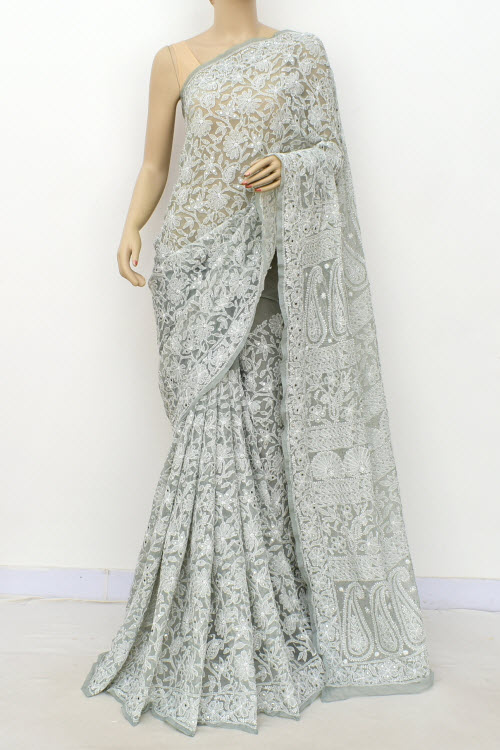Grey Allover Hand-Embroidered Lucknowi Chikankari Georgette Saree with Blouse embellished with Mukaish work