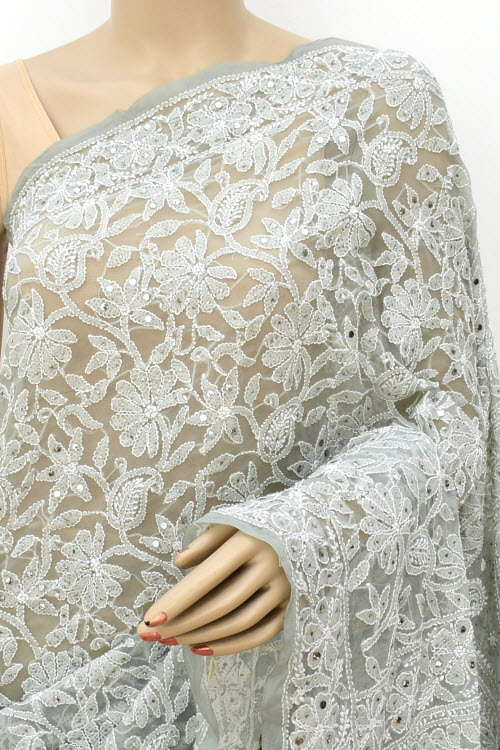 Grey Allover Hand-Embroidered Lucknowi Chikankari Georgette Saree with Blouse embellished with Mukaish work