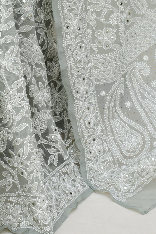 Grey Allover Hand-Embroidered Lucknowi Chikankari Georgette Saree with Blouse embellished with Mukaish work
