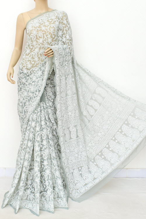 Grey Allover Hand-Embroidered Lucknowi Chikankari Georgette Saree with Blouse