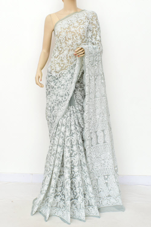 Grey Allover Hand-Embroidered Lucknowi Chikankari Georgette Saree with Blouse