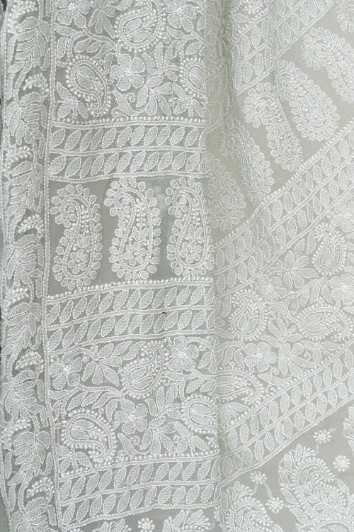 Grey Allover Hand-Embroidered Lucknowi Chikankari Georgette Saree with Blouse