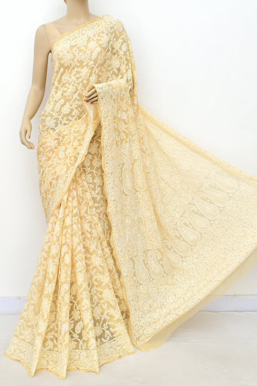 Fawn Allover Hand-Embroidered Lucknowi Chikankari Georgette Saree with Blouse
