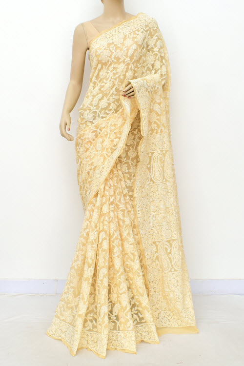 Fawn Allover Hand-Embroidered Lucknowi Chikankari Georgette Saree with Blouse