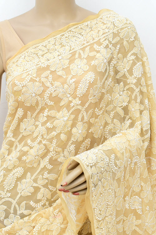 Fawn Allover Hand-Embroidered Lucknowi Chikankari Georgette Saree with Blouse