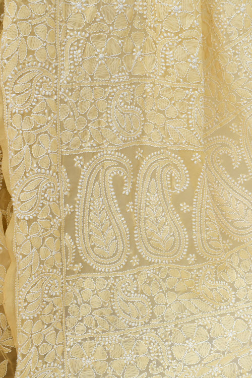 Fawn Allover Hand-Embroidered Lucknowi Chikankari Georgette Saree with Blouse