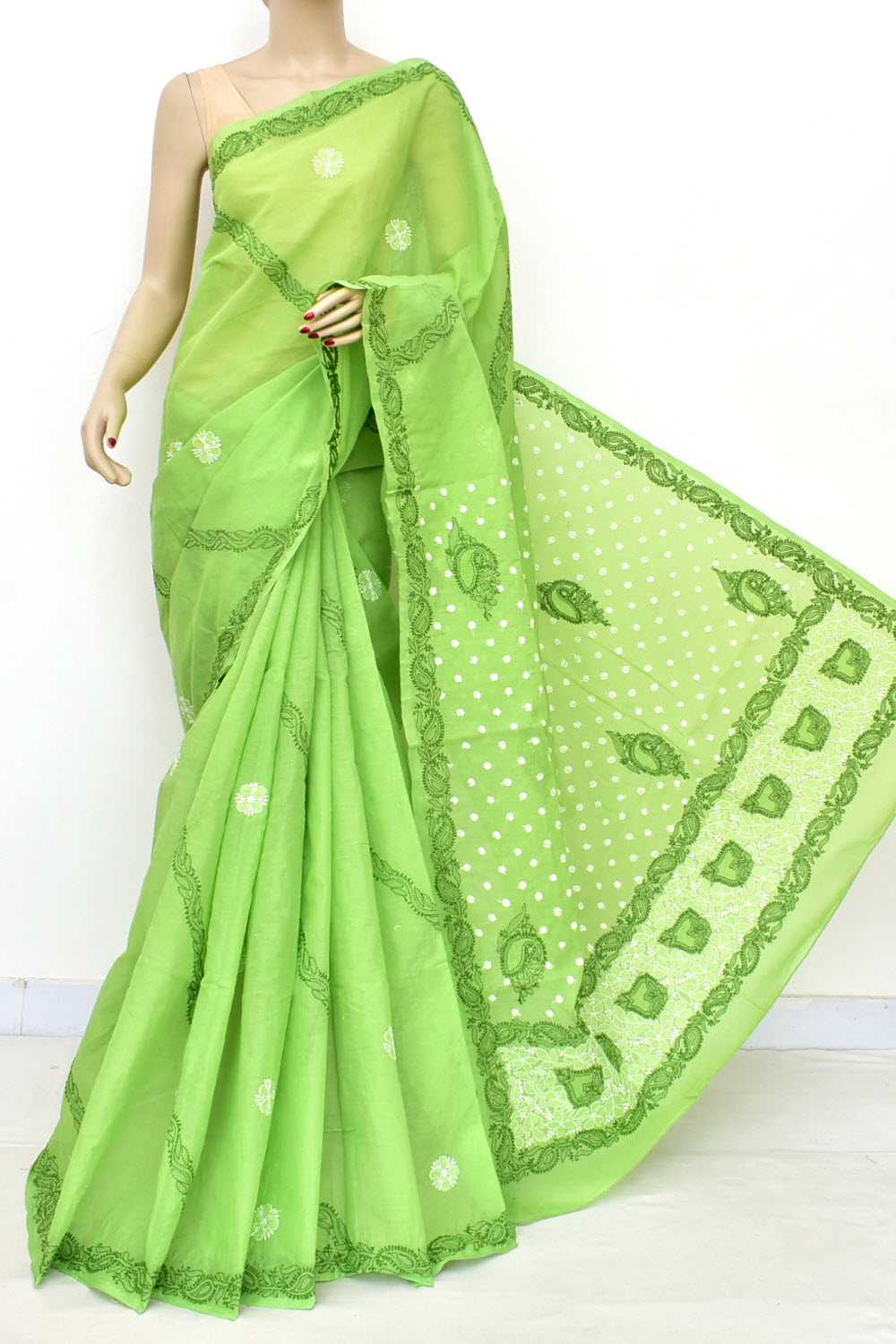 Mehandi Green Hand-Embroidered Lucknowi Chikankari Cotton Saree with Blouse