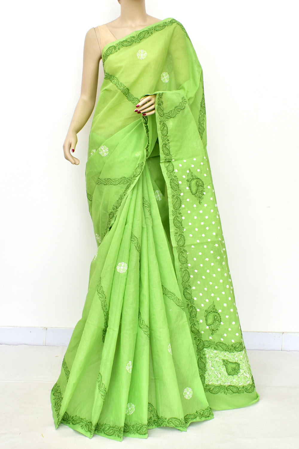 Mehandi Green Hand-Embroidered Lucknowi Chikankari Cotton Saree with Blouse