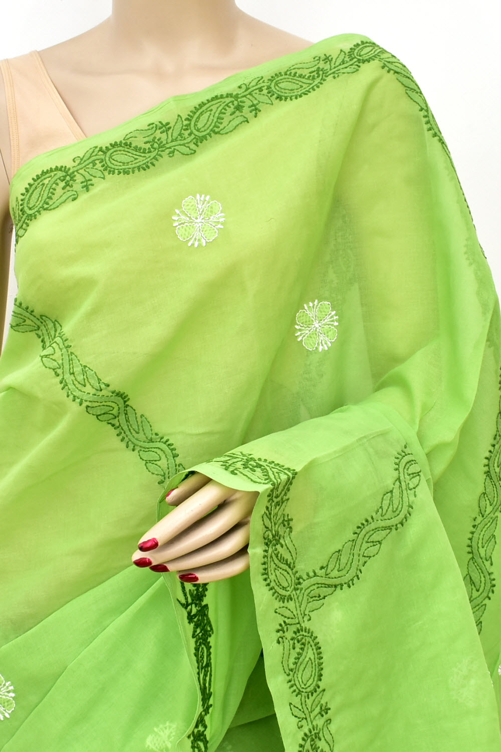 Mehandi Green Hand-Embroidered Lucknowi Chikankari Cotton Saree with Blouse
