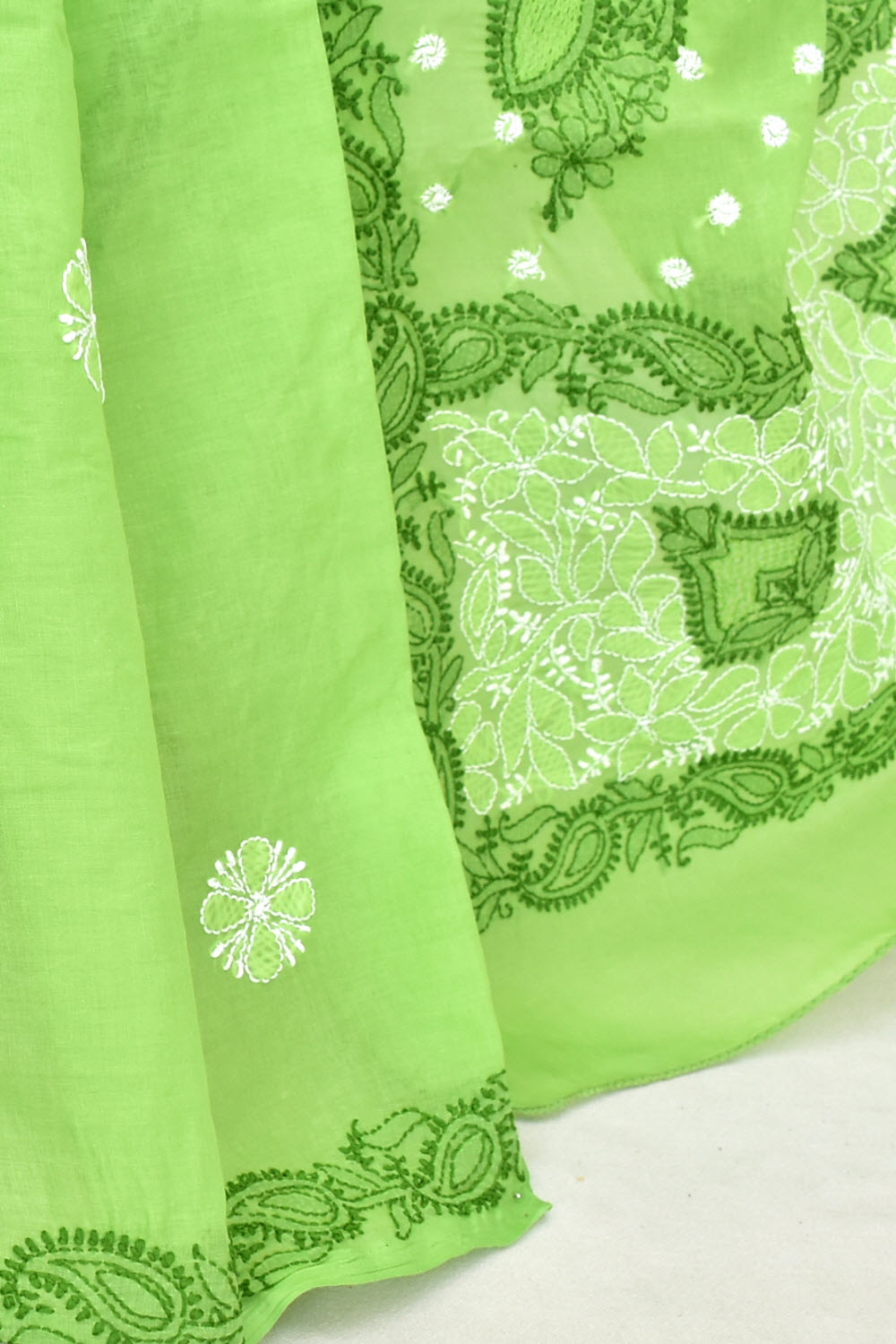 Mehandi Green Hand-Embroidered Lucknowi Chikankari Cotton Saree with Blouse