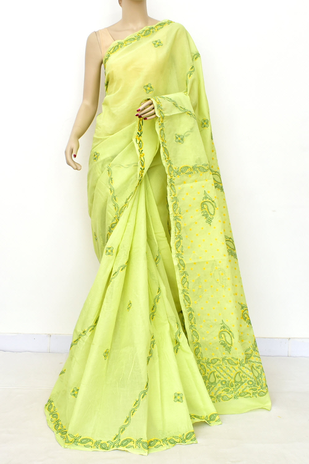 Lemon Yellow Hand-Embroidered Lucknowi Chikankari Cotton Saree with Blouse