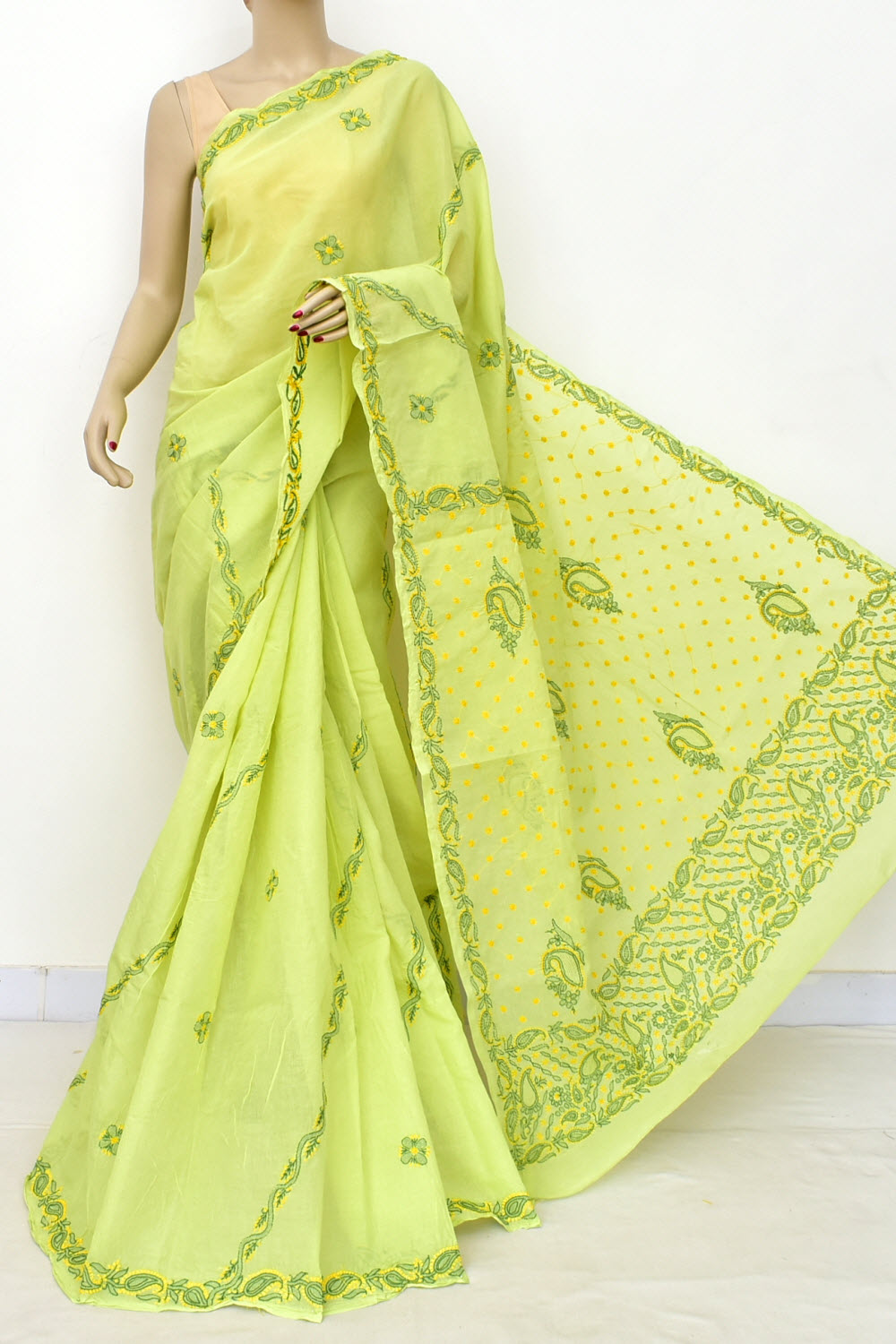 Lemon Yellow Hand-Embroidered Lucknowi Chikankari Cotton Saree with Blouse