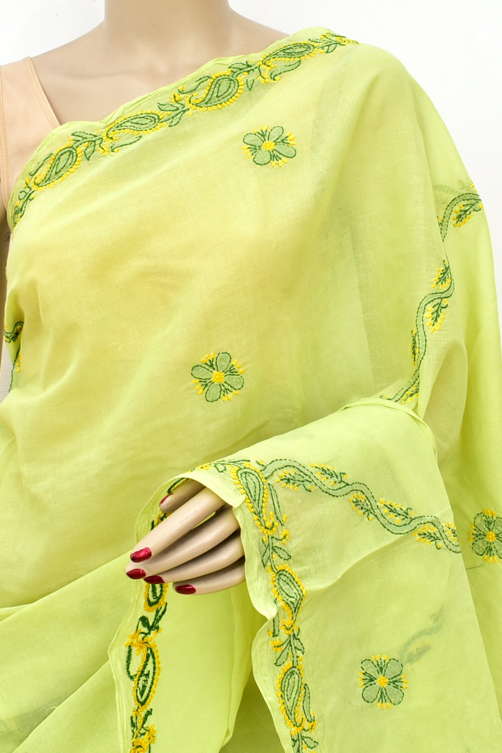 Lemon Yellow Hand-Embroidered Lucknowi Chikankari Cotton Saree with Blouse