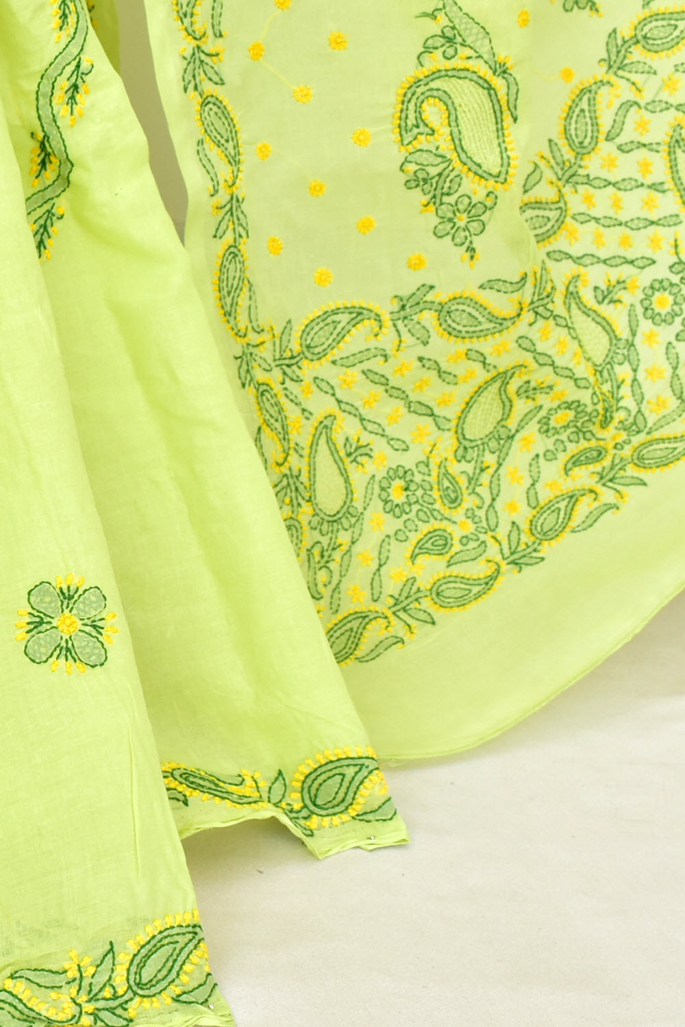Lemon Yellow Hand-Embroidered Lucknowi Chikankari Cotton Saree with Blouse