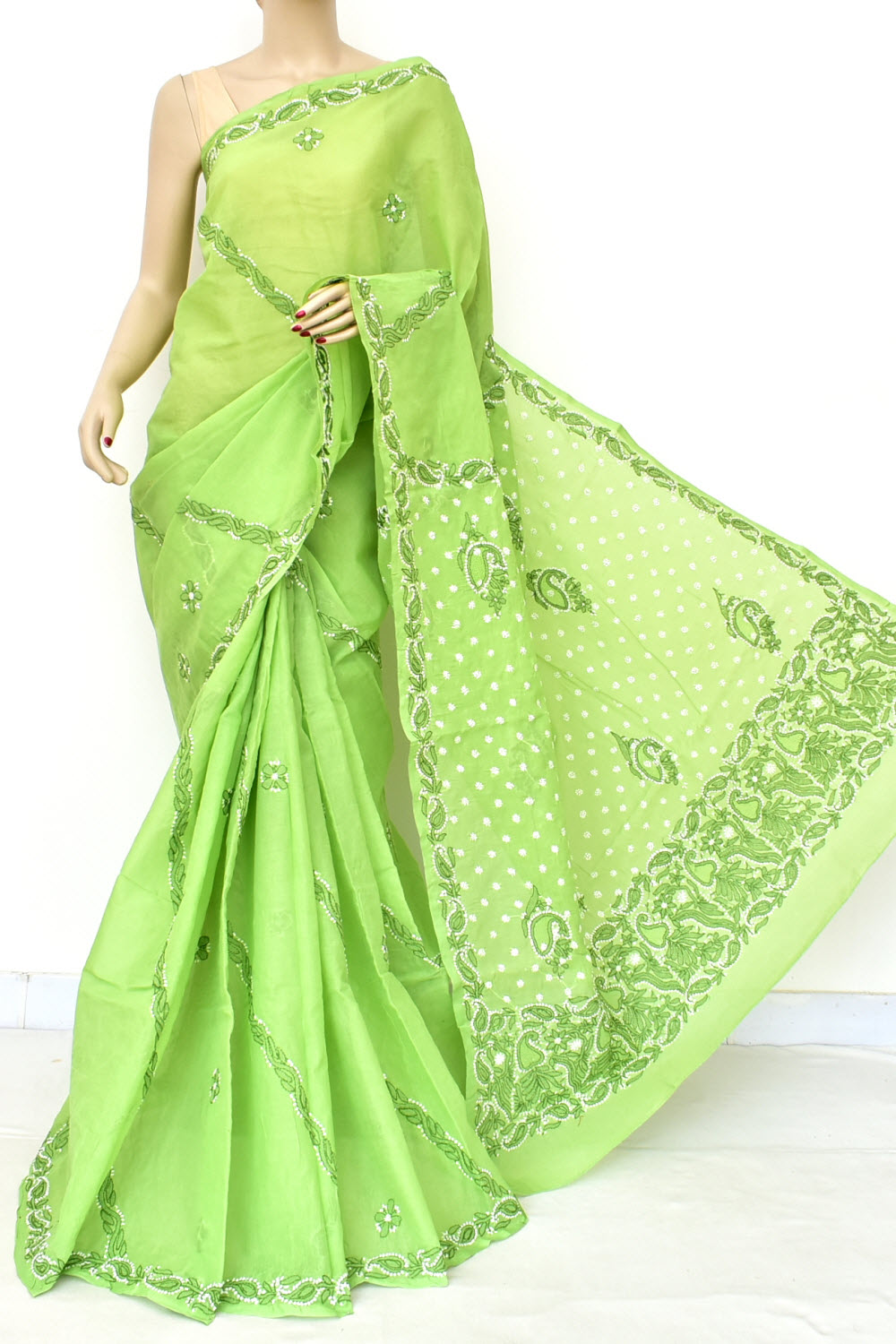 Mehandi Green Hand-Embroidered Lucknowi Chikankari Cotton Saree with Blouse
