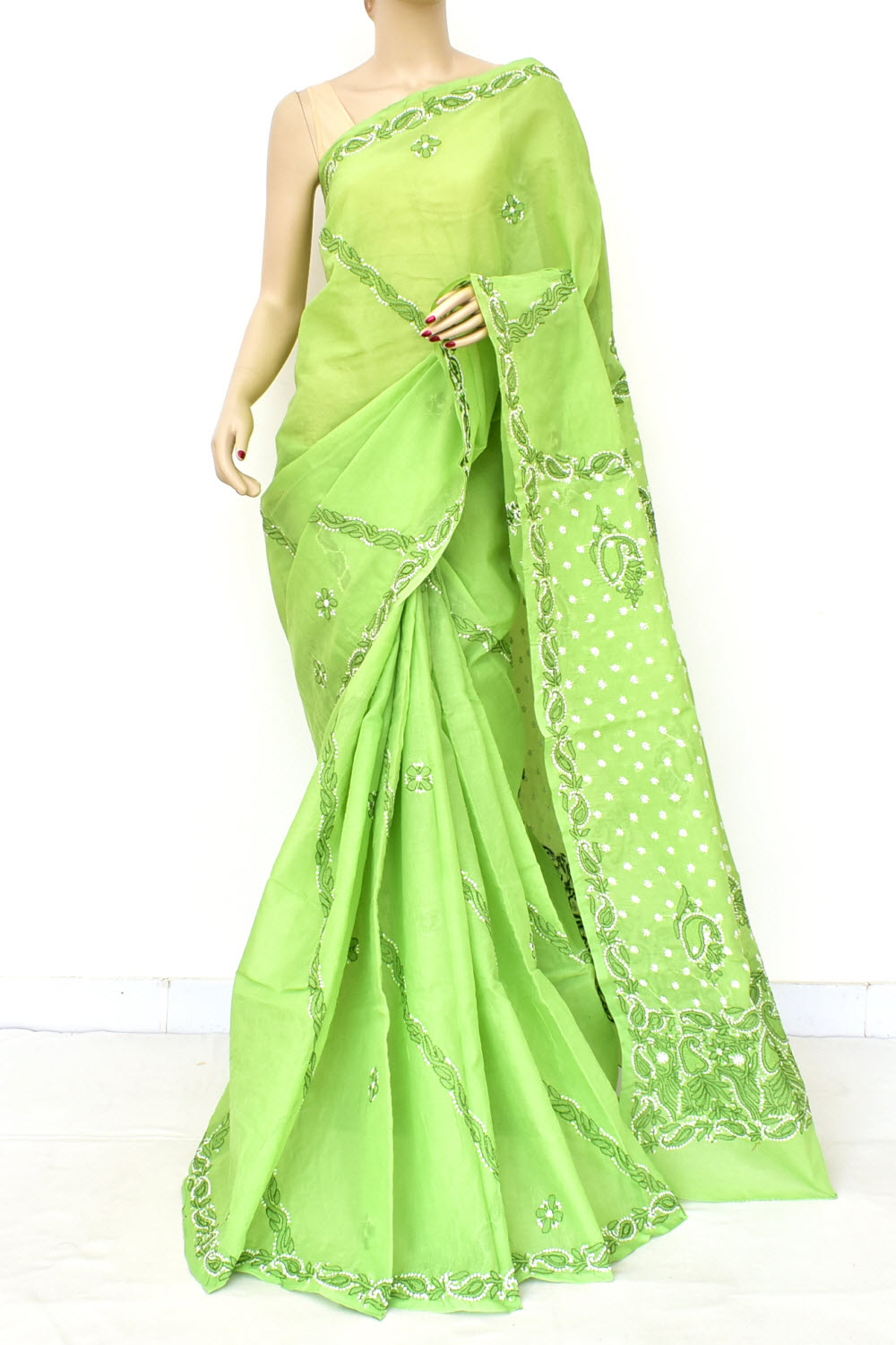 Mehandi Green Hand-Embroidered Lucknowi Chikankari Cotton Saree with Blouse
