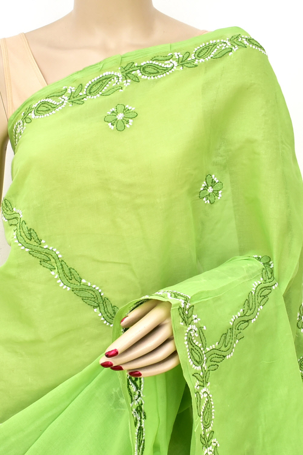 Mehandi Green Hand-Embroidered Lucknowi Chikankari Cotton Saree with Blouse