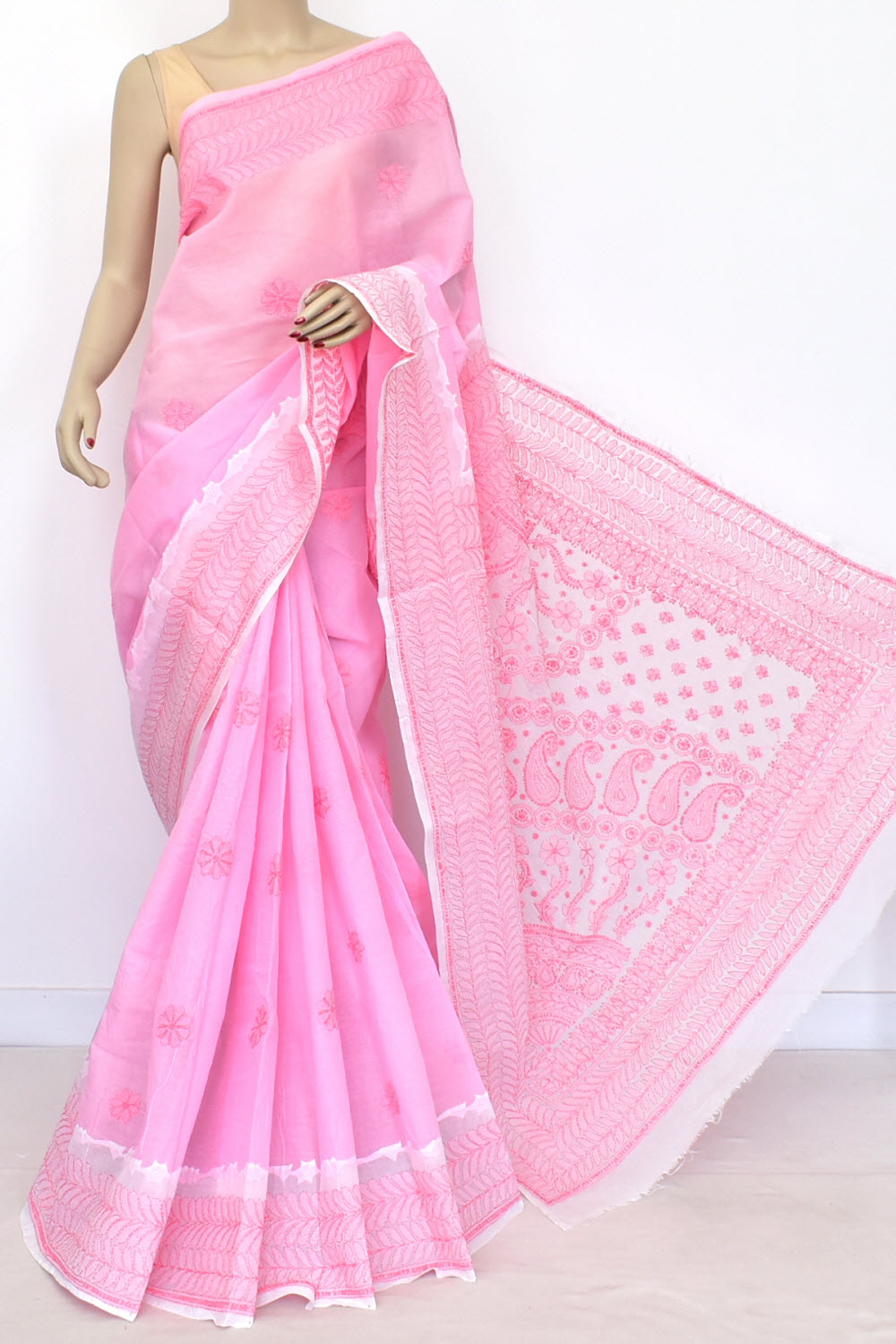 Pink White Hand-Embroidered Lucknowi Chikankari Cotton Saree with Blouse Daraz work 15060