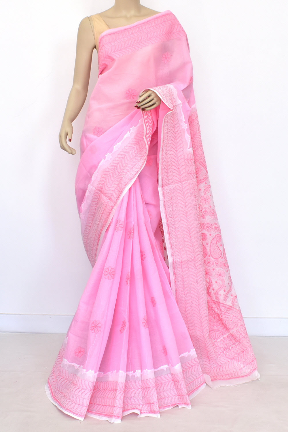 Pink White Hand-Embroidered Lucknowi Chikankari Cotton Saree with Blouse Daraz work 15060
