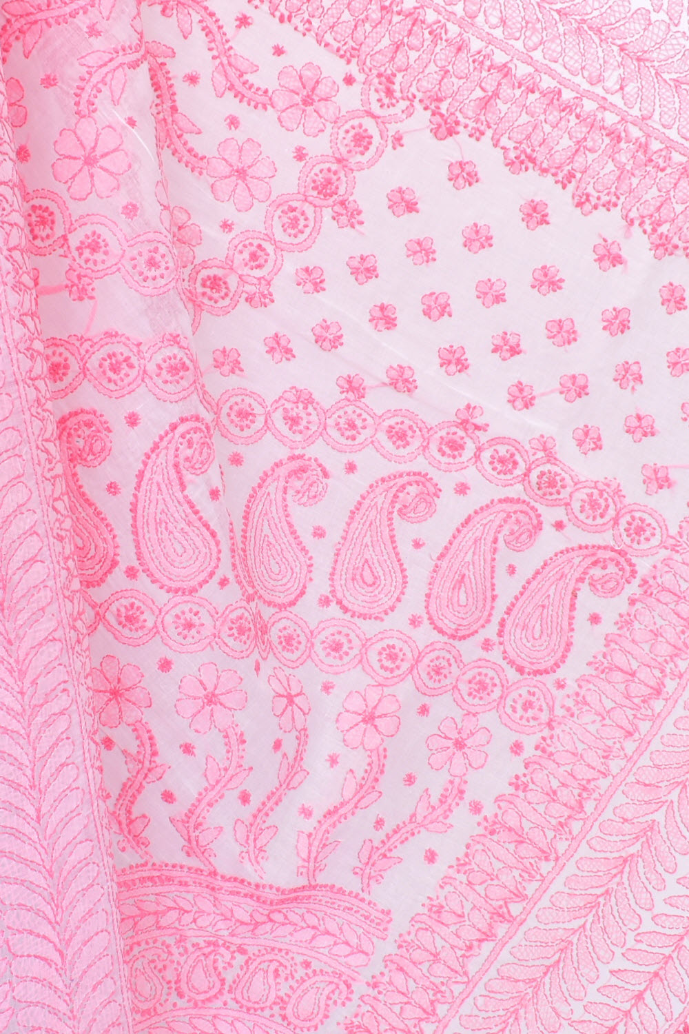 Pink White Hand-Embroidered Lucknowi Chikankari Cotton Saree with Blouse Daraz work 15060