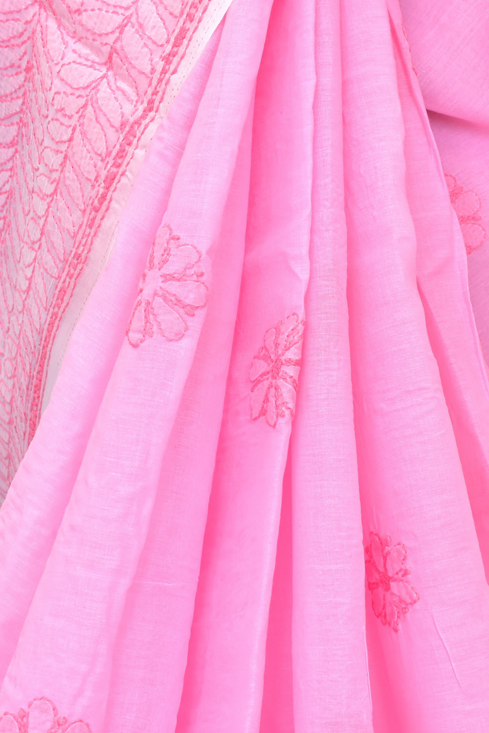 Pink White Hand-Embroidered Lucknowi Chikankari Cotton Saree with Blouse Daraz work 15060