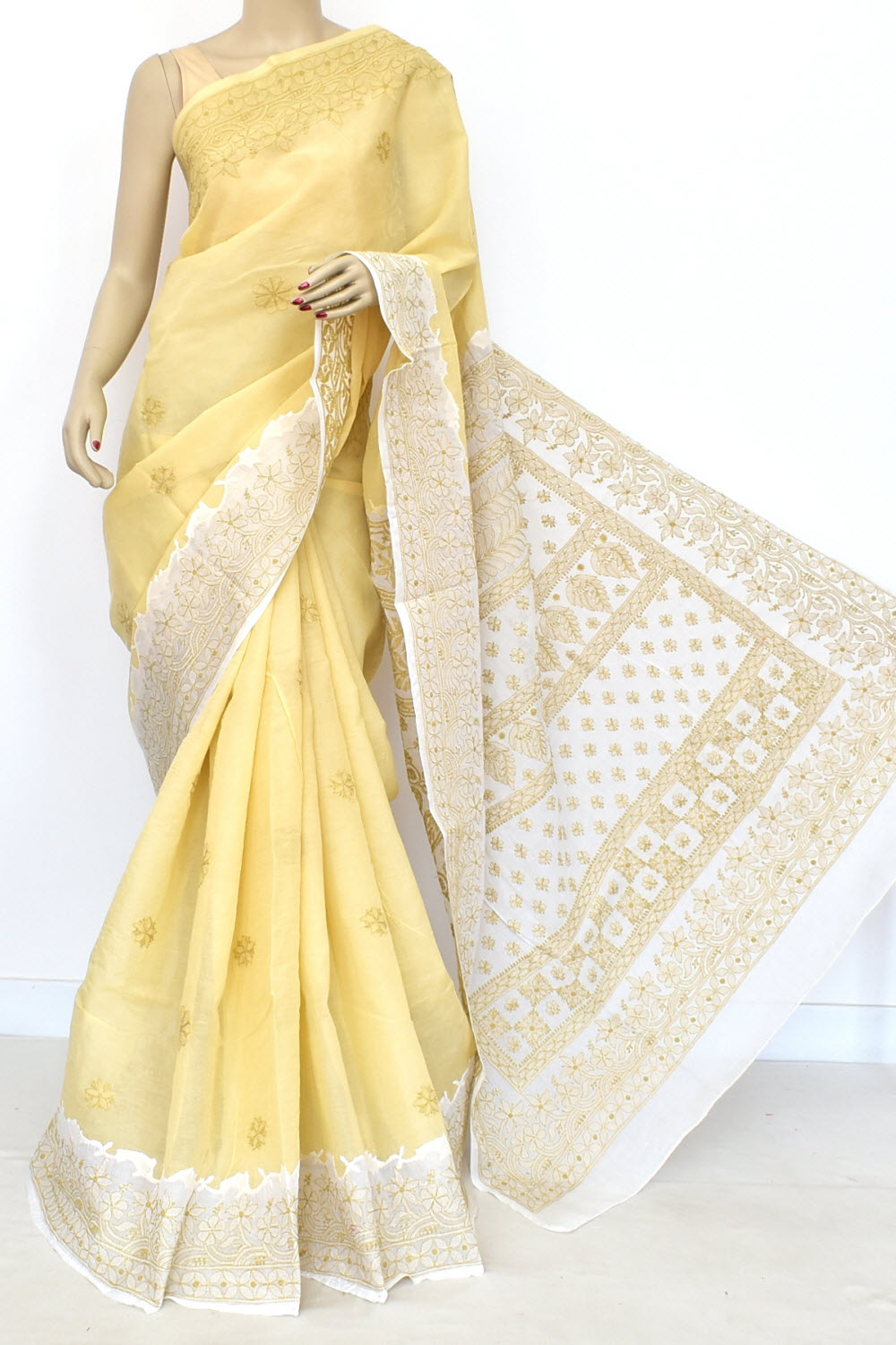 Beige White Hand-Embroidered Lucknowi Chikankari Cotton Saree with Blouse Daraz work 15063