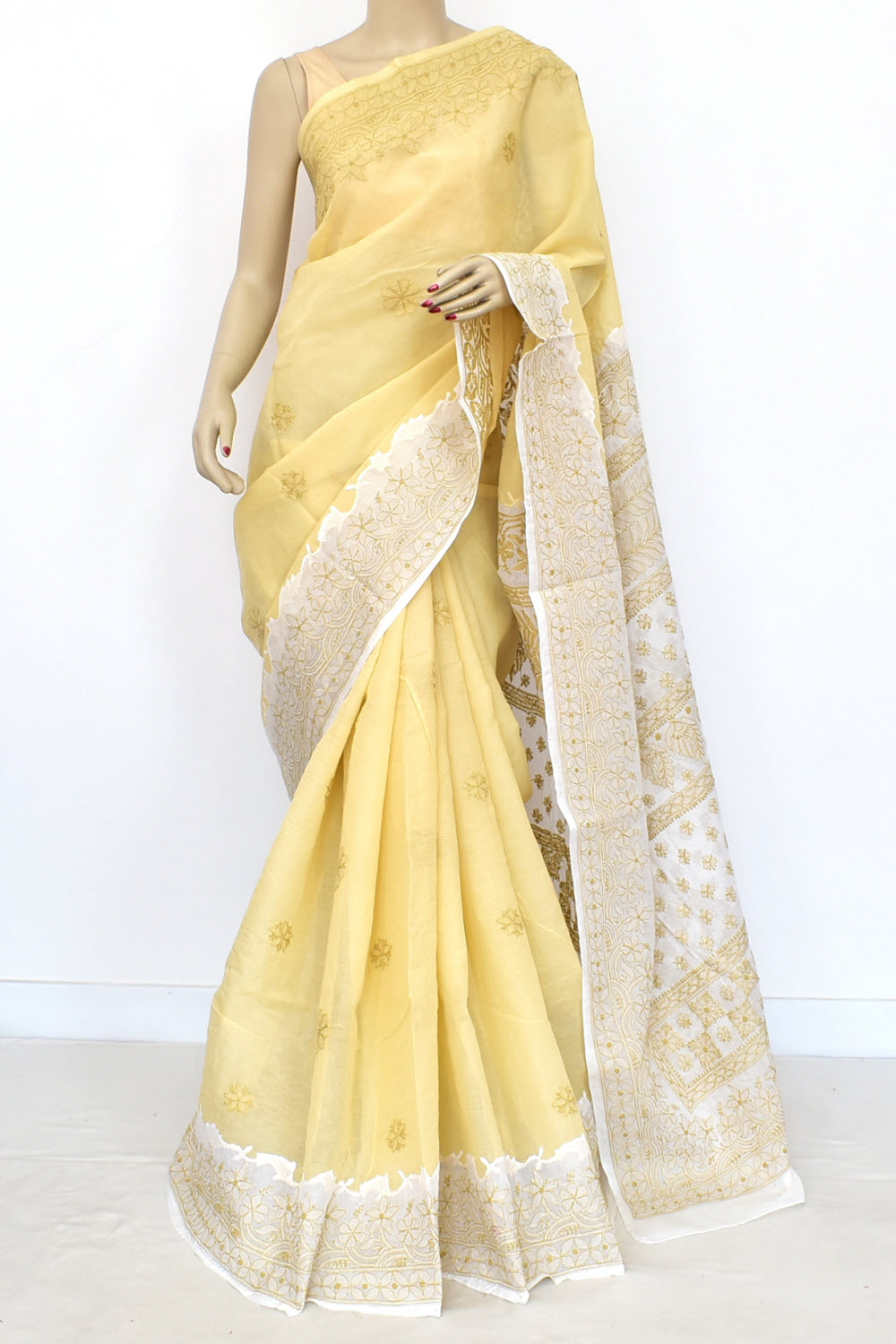 Beige White Hand-Embroidered Lucknowi Chikankari Cotton Saree with Blouse Daraz work 15063
