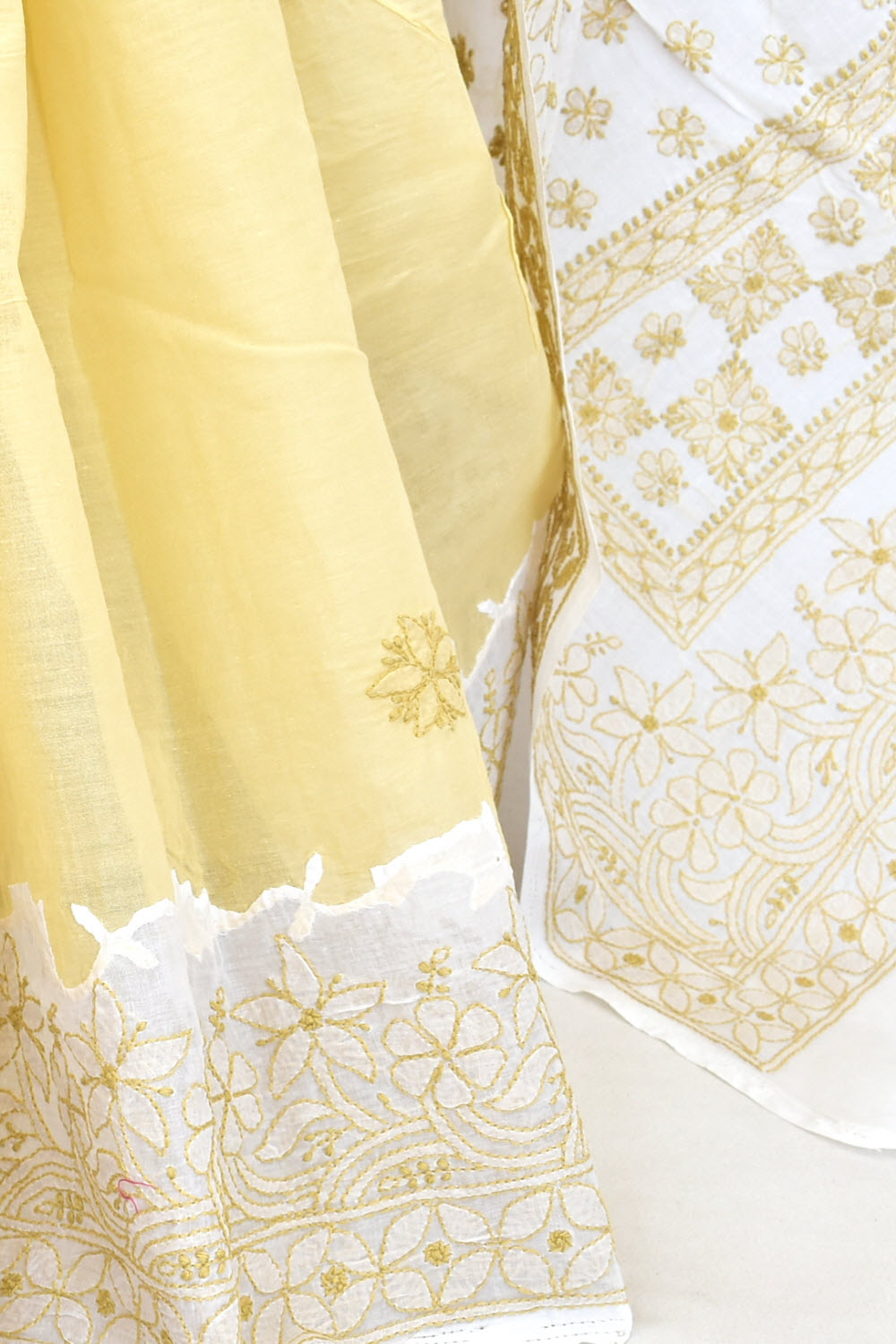 Beige White Hand-Embroidered Lucknowi Chikankari Cotton Saree with Blouse Daraz work 15063