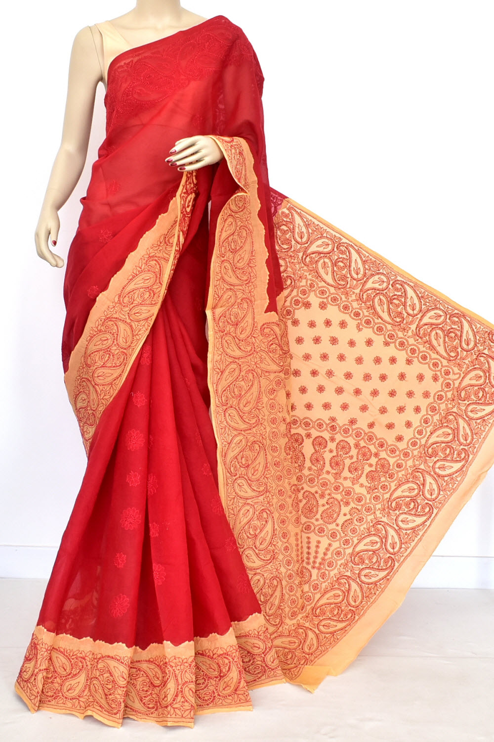 Red Fawn Hand-Embroidered Lucknowi Chikankari Cotton Saree with Blouse Daraz work 15064