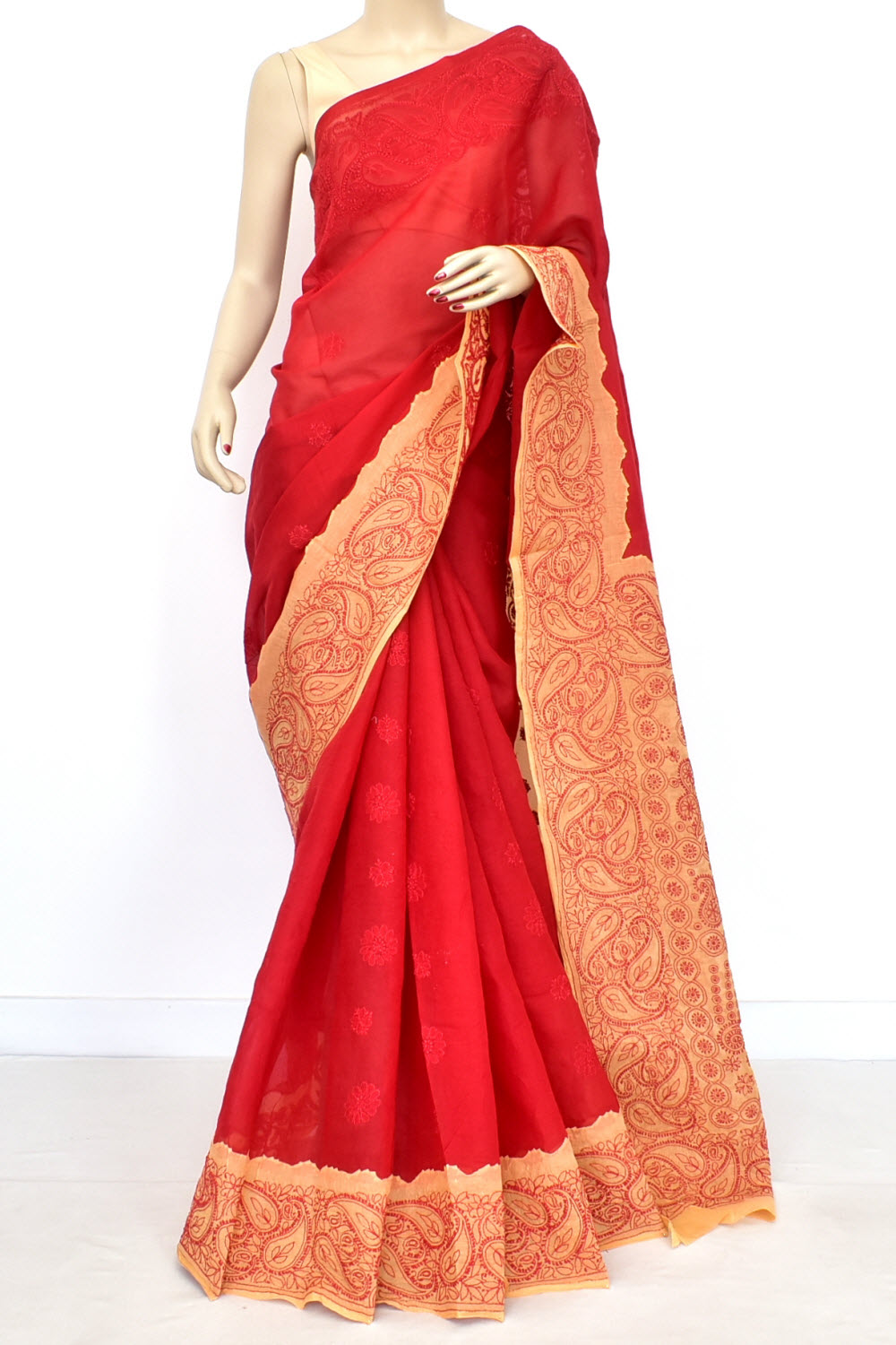 Red Fawn Hand-Embroidered Lucknowi Chikankari Cotton Saree with Blouse Daraz work 15064