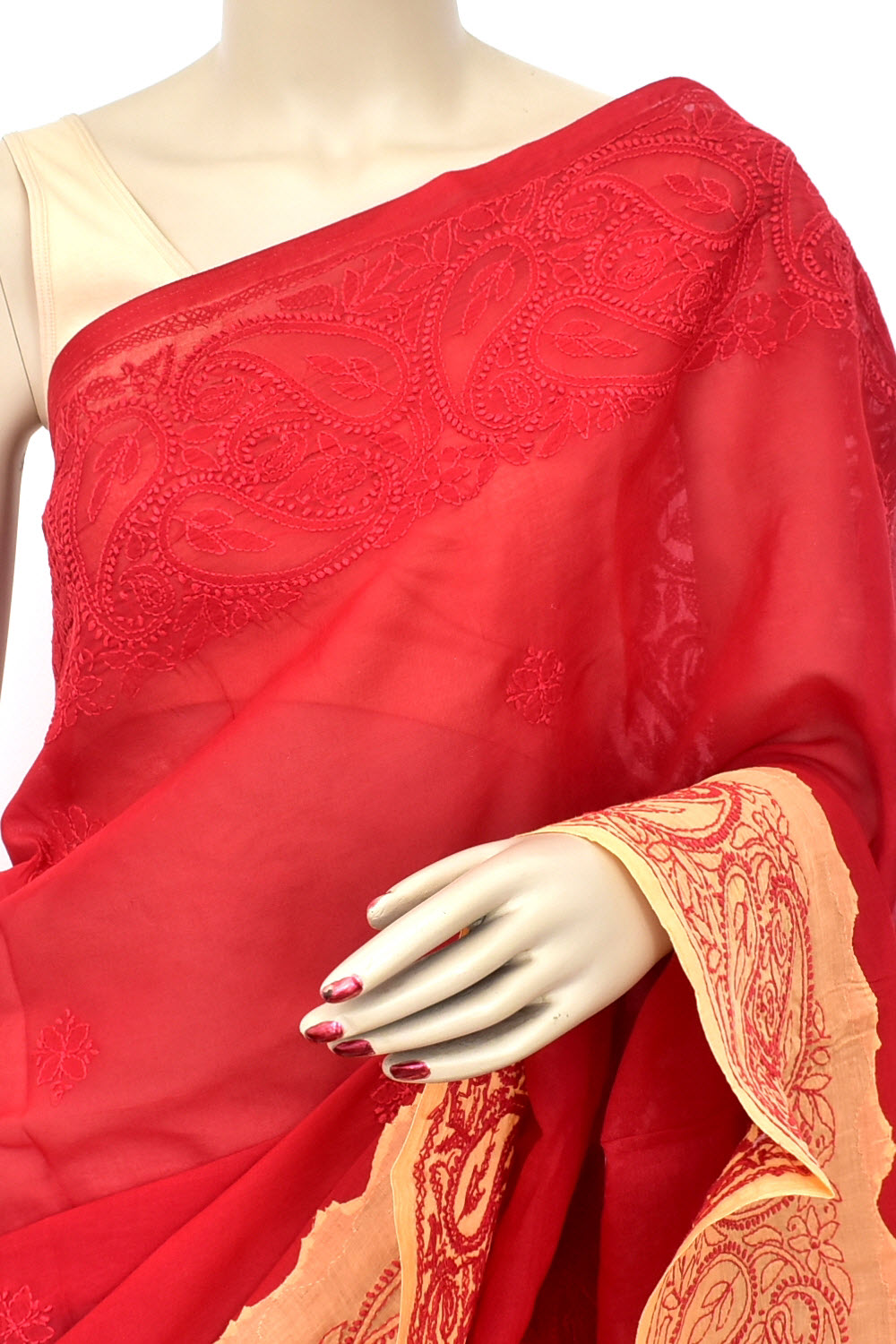 Red Fawn Hand-Embroidered Lucknowi Chikankari Cotton Saree with Blouse Daraz work 15064